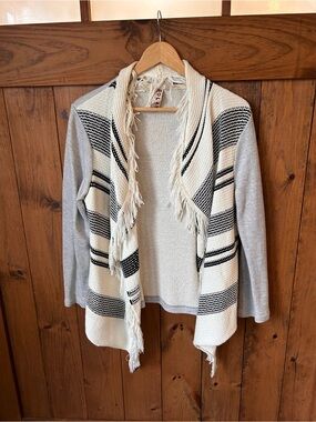 dolan Anthropologie Cream & Gray Fringed Open-Front Striped Cardigan